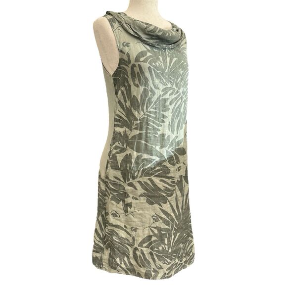 Lina Tomei Tropical Print Linen Shift Dress Size S Green Cowl Neck Resort Cruise - Picture 1 of 13